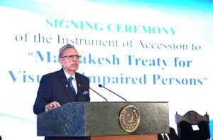 President Dr Arif Alvi addressing during signing the Instrument of Accession to the Marrakesh Treaty for the Visually Impaired Persons in a ceremony, at Aiwan-e-Sadr