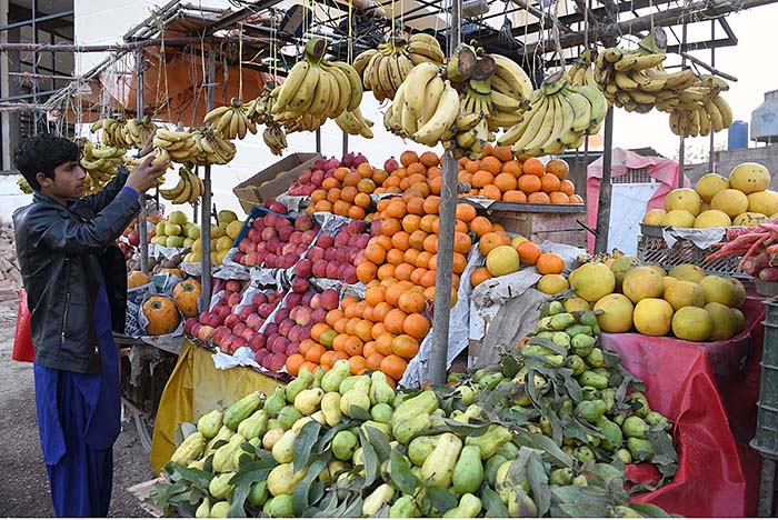 A vendor displaying fruits to attract the customers at Sachal Colony Road
