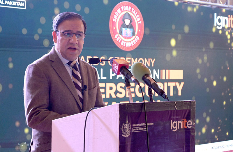 Caretaker Federal Minister for IT & Telecommunication, Dr. Umar Saif addressing Awards Ceremony of Digital Pakistan Cyber security Hackathon-2023