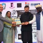 VC SBBWU Prof. Dr. Safia Ahmed, SRSP CEO Masaud ul Mulk and UNHCR KP Head Kofi Ohenenana Dwomo giving shield to Governor KP Haji Ghulam Ali during 1st International Women Conference on Breaking Barriers, Building Bridges, Uniting Women's Voice for a Better World at Local hotel