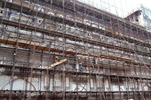 A view of construction work is going on for the restoration of Lahore Fort.