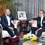 The outgoing Resident Coordinator of United Nations in Pakistan, Mr. Julien Harneis calls on President Dr Arif Alvi, at Aiwan-e-Sadr