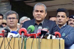 Caretaker Chief Minister Punjab Mohsin Naqvi is addressing the media during his visit to Sialkot