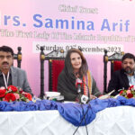 First Lady Samina Arif Alvi addressing at the inaugural ceremony of Prof Shahida Kazi Women Complex at Karachi Press Club