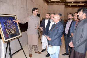 Senator Irfan-Ul-Haque Siddiqui, Chairman Senate Standing Committee on Federal Education & Professional Training are visiting after Inaugurating Calligraphy Exhibition titled “Sallu Alaihi Wa Aalihi Wasalam” by Wasil Shahid at Chenab Club