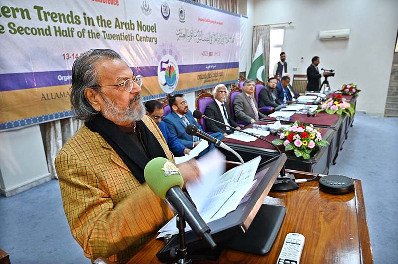 Caretaker Federal Minister for Education and Professional Training, Madad Ali Sindhi addressing the 3rd International Conference on "Modern Trends in the Arab Novel in the Second Half of the Twentieth Century” organize by AIOU at Academic Auditorium