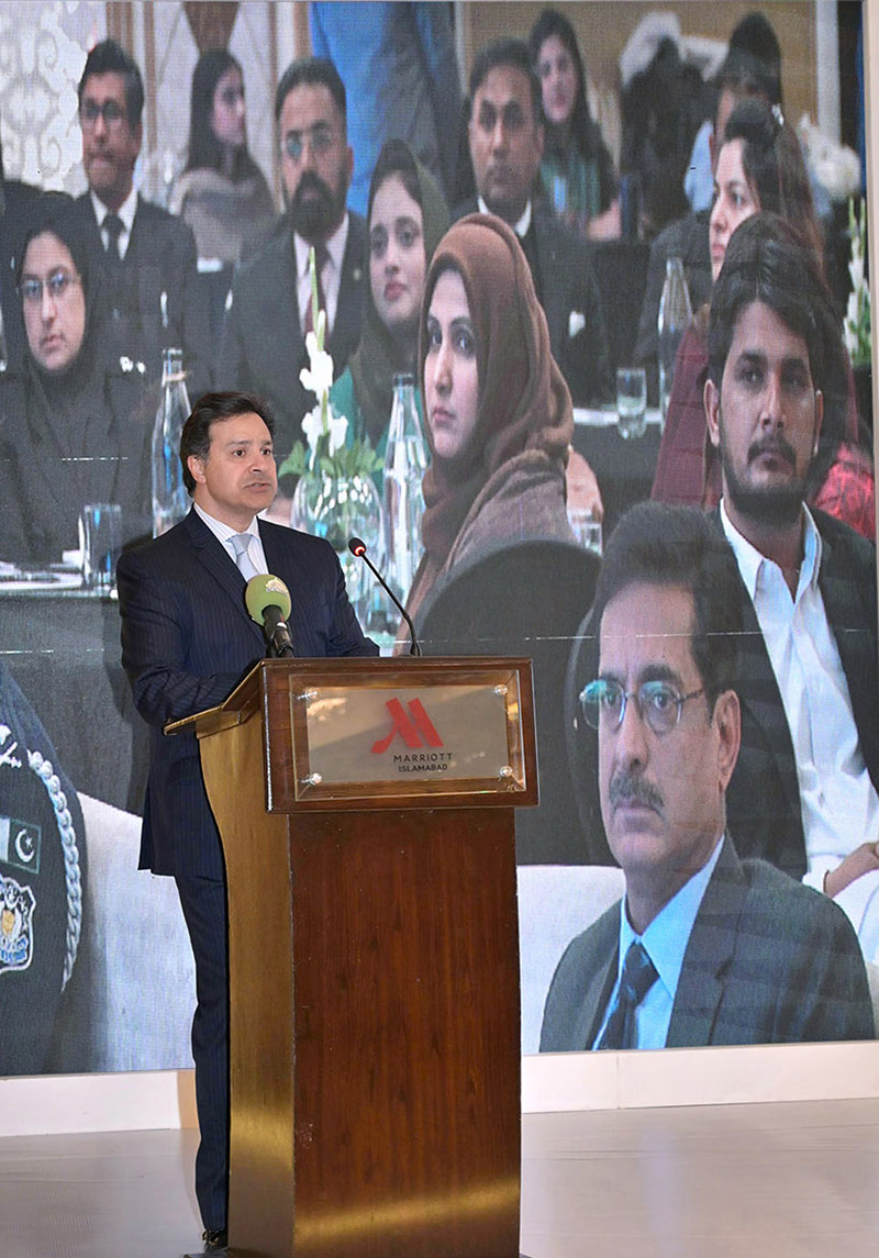 Justice Miangul Hassan Aurangzeb addressing during the launching ceremony of the Practitioners Handbook Navigating Extradition in Pakistan organized by Ministry of Interior at local hotel
