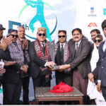 Chief Justice Sindh High Court Mr.Justice Aqeel Ahmed Abbasi along with President Justice Helpline International Nadeem A.Shaikh and others unveiling the trophy during Grand opening ceremony of 5th Law Students Cricket League 2023 at Karachi Gymkhana Ground