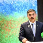 Caretaker Prime Minister Anwaar-ul-Haq Kakar addresses a ceremony on Living Indus Initiative at COP-28 Pakistan Pavilion