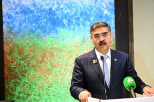 Caretaker Prime Minister Anwaar-ul-Haq Kakar addresses a ceremony on Living Indus Initiative at COP-28 Pakistan Pavilion