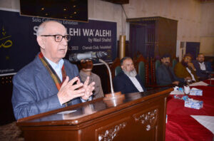 Senator Irfan-Ul-Haque Siddiqui, Chairman Senate Standing Committee on Federal Education & Professional Training are visiting after Inaugurating Calligraphy Exhibition titled “Sallu Alaihi Wa Aalihi Wasalam” by Wasil Shahid at Chenab Club