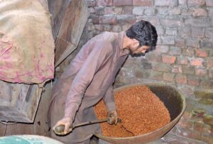 A worker is busy in roasting grams and peanuts at his setup