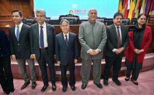 Caretaker Minister for Information and Broadcasting, Murtaza Solangi in a group photograph with the dignitaries at 8th CPEC Media Forum on "Next Decade of CPEC Opportunities & Learning from Past Decade" at COMSTECH