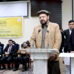 Chief Minister Gilgit-Baltistan Haji Gulbar Khan addressing during the Distribution Ceremony of Prime Minister Youth Laptop Scheme 2023 at Karakoram International University