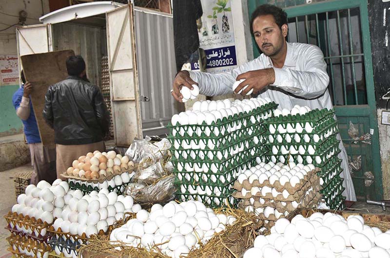 Vendor displaying eggs to attract the customers at his setup in a local market as demand increased due winter season