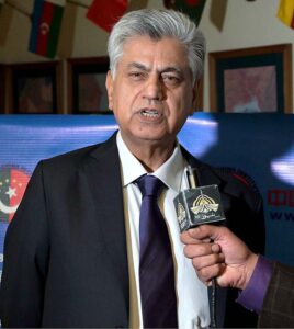 Caretaker Minister for Information and Broadcasting, Murtaza Solangi talking to media at 8th CPEC Media Forum on "Next Decade of CPEC Opportunities & Learning from Past Decade" at COMSTECH