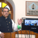 Caretaker Federal Minister for Religious Affairs and Interfaith Harmony Aneeq Ahmed addressing a Hajj Balloting 2024 at Karachi Press Club
