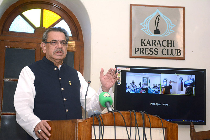 Caretaker Federal Minister for Religious Affairs and Interfaith Harmony Aneeq Ahmed addressing a Hajj Balloting 2024 at Karachi Press Club