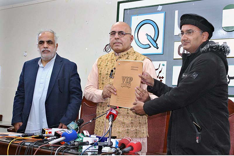 Balochistan Caretaker Information Minister Jan Achakzai addressing press conference at Quetta Press Club