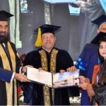 Chancellor University of Sargodha Governor Punjab, Mohammad Baligh-Ur-Rehman and VC University of Sargodha Pro Dr Qaisar Abbas distributing degrees during 10th Convocation of the University