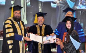 Chancellor University of Sargodha Governor Punjab, Mohammad Baligh-Ur-Rehman and VC University of Sargodha Pro Dr Qaisar Abbas distributing degrees during 10th Convocation of the University