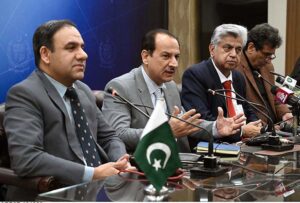 Caretaker Federal Minister for Information, Broadcasting and Parliamentary Affairs Murtaza Solangi, Caretaker Federal Minister for IT & Telecom Dr. Umar Saif and Caretaker Federal Minister for Health, Dr Nadeem Jan addressing a press conference at PID Media center
