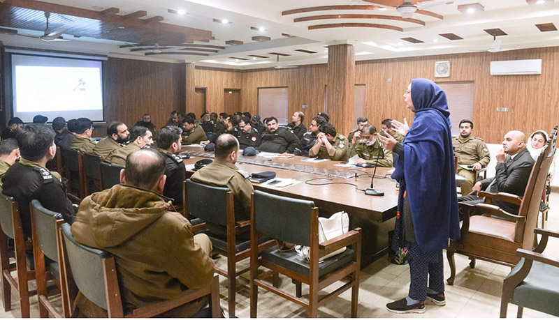 UNHCR representative Ghazala Mirza address the One Day Training workshop on " Human Rights and Refugee Laws" training workshop with police officials at Police Line Qila Gujjar Singh