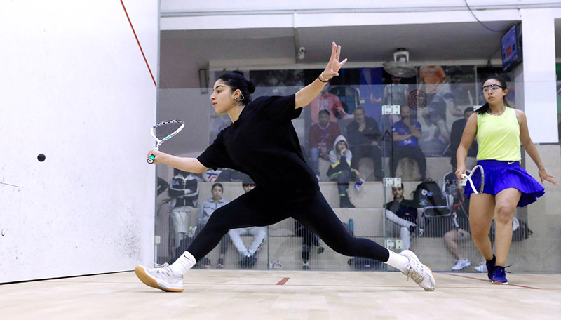 Players in action during CAS-Serena Hotels International Squash Championship for Men & Women organized by Pakistan Squash Federation in collaboration with PAF & Serena Hotels at Mushaf Squash Complex