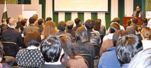 Ambassador of Pakistan to japan Raza Bashir Tarar addressing a group of Buddhism professors, monks, business leaders, travel agents, and media figures gathered during Pakistan for a Gandhara Seminar hosted by the Embassy of Pakistan. 