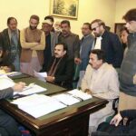 Rashid Shafiq accompanied by his supporters submitting his nomination paper for General Election 2024 from NA 57