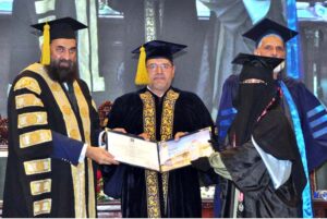 Chancellor University of Sargodha Governor Punjab, Mohammad Baligh-Ur-Rehman and VC University of Sargodha Pro Dr Qaisar Abbas distributing degrees during 10th Convocation of the University