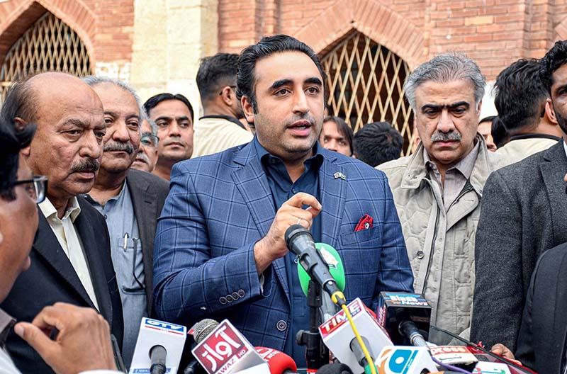 Chairman Pakistan People's Party (PPP) Bilawal Bhutto Zardari talking to media persons after submitted his nomination papers for NA 194 (Larkana-1) to returning officer for upcoming General Election 2024