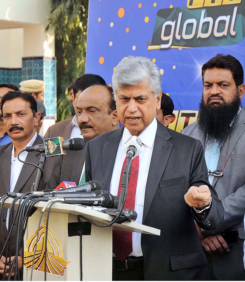Caretaker Federal Minister for Information, Broadcasting and Parliamentary Affairs Murtaza Solangi talking to media persons after inaugurate the PTV National Multan 24/7 transmission at PTV Centre.