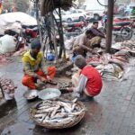 A vendor cleaning fishes to attract the customers at his setup in a local market
