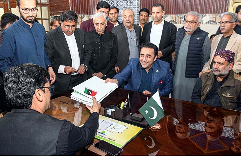 Chairman Pakistan People's Party (PPP) Bilawal Bhutto Zardari talking to media persons after submitted his nomination papers for NA 194 (Larkana-1) to returning officer for upcoming General Election 2024