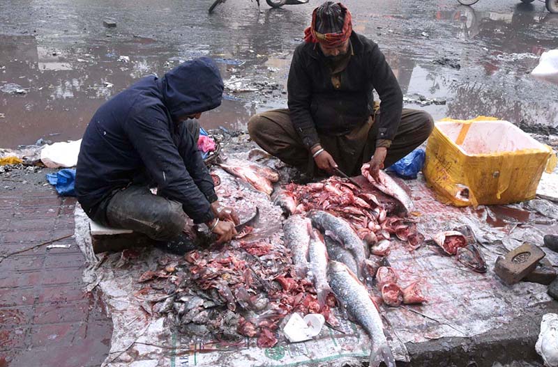 A vendor preparing and selling the fishes to the customers on his roadside setup at Local Market