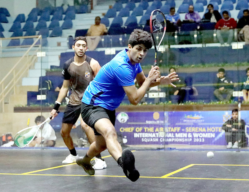 Players in action during CAS-Serena Hotels International Squash Championship for Men & Women organized by Pakistan Squash Federation in collaboration with PAF & Serena Hotels at Mushaf Squash Complex