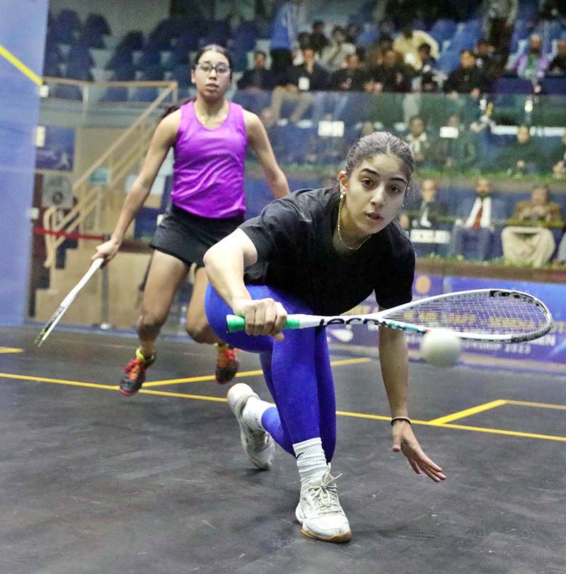 Players in action during CAS-Serena Hotels International Squash Championship for Men & Women-2023 organized by Pakistan Squash Federation in collaboration with PAF & Serena Hotels at Mushaf Squash Complex
