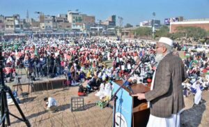 Ameer Jamaat-e-Islami, Siraj ul Haq is addressing the Tahiya Palestine Convention at Al-Fateh Sports Complex