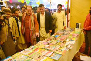 Caretaker Sindh Minister for Information Ahmad Shah visiting the stalls after inaugurating the Shah Latif Festival for Children at Sindh Museum