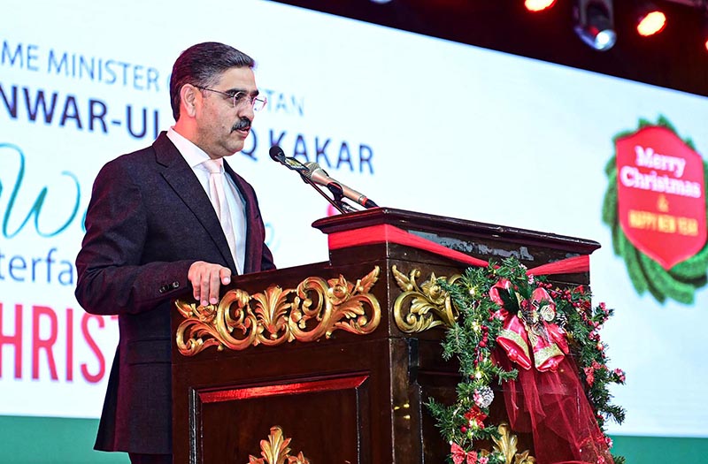 Caretaker Prime Minister Anwaar-ul-Haq Kakar addressing a ceremony to promote Inter-faith harmony and Christmas celebrations organized by the Ministry of Human Rights