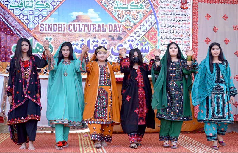 Students performing tableau during a function in connection with the upcoming Sindhi Culture Day at Begum Nusrat Bhutto Govt Girls Degree College