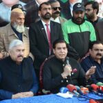 Speaker National Assembly Raja Pervaiz Ashraf is addressing a press conference at Samundri Road