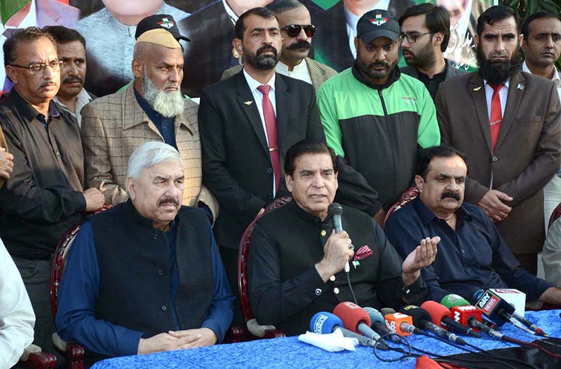 Speaker National Assembly Raja Pervaiz Ashraf is addressing a press conference at Samundri Road