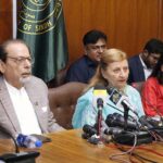 Caretaker Sindh Information, Minorities Affairs Minister Ahmed Shah, caretaker Education Minister Rana Hussain addressing a press conference at Sindh Assembly