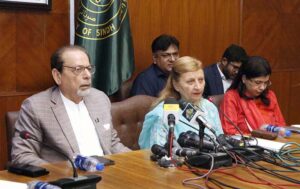 Caretaker Sindh Information, Minorities Affairs Minister Ahmed Shah, caretaker Education Minister Rana Hussain addressing a press conference at Sindh Assembly