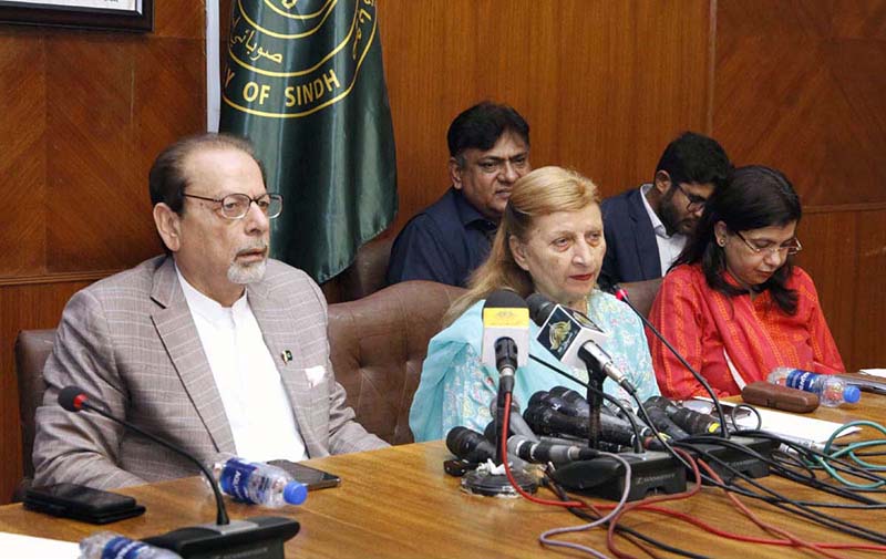 Caretaker Sindh Information, Minorities Affairs Minister Ahmed Shah, caretaker Education Minister Rana Hussain addressing a press conference at Sindh Assembly