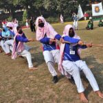 Students participating in Tug Of War competition during inter collegiate Division Women Sports at Govt Post Graduate College Chandni Chowk