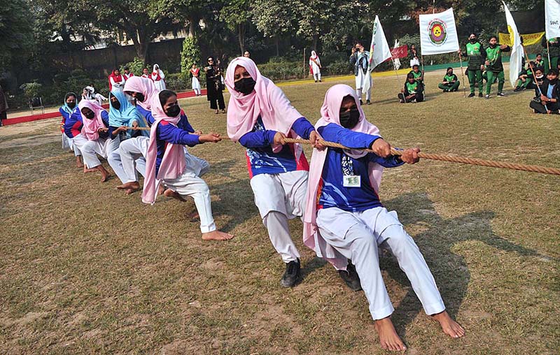 Students participating in Tug Of War competition during inter collegiate Division Women Sports at Govt Post Graduate College Chandni Chowk