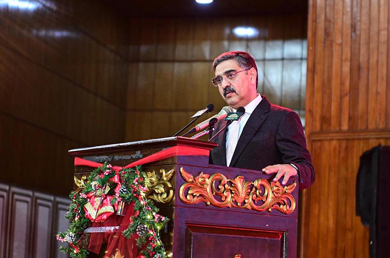 Caretaker Prime Minister Anwaar-ul-Haq Kakar addressing a ceremony to promote Inter-faith harmony and Christmas celebrations organized by the Ministry of Human Rights